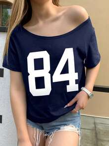 Sparklyn Teen Girl Casual Numeric Print Short Sleeve T-Shirt, Summer Summer Holiday - Blue - View 4