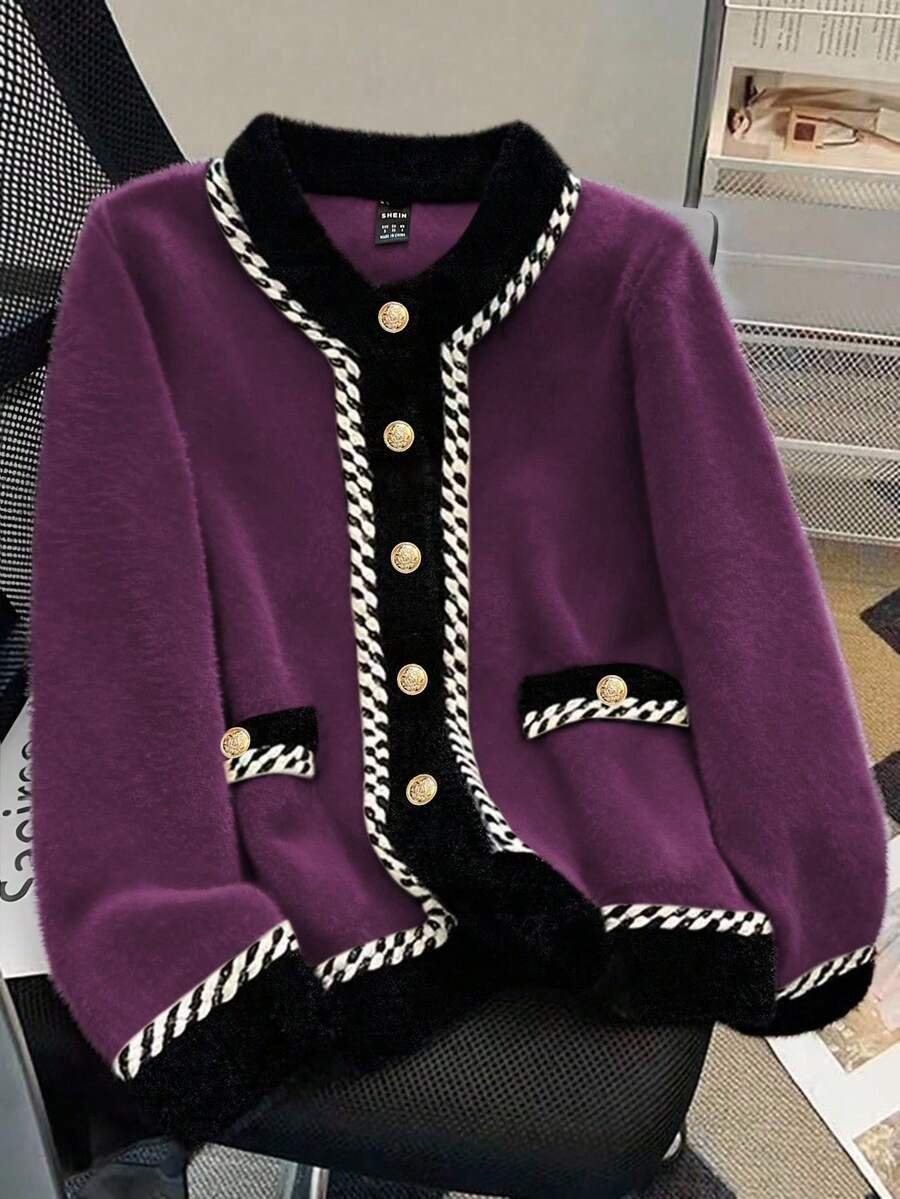 SHEIN LUNE 女士秋冬撞色开衫外套,高端优雅女士蓬松休闲外套 - 紫色 - 查看 1