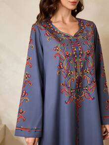 Al Najma Women's Floral Print V-Neck Long Sleeve Loose Arabic Style Dress Kaftan Jalabiya Dress - Grey - View 6