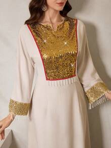 Al Najma 女士亮片拼接喇叭袖宽松时尚阿拉伯风格连衣裙 - 杏色 - 查看 6