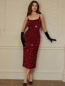 Aveloria Rosie فستان ضيق مثير مزين بكثافة بالترتر لأجواء الأعياد والكريسماس ورأس السنة الأنيقة للسيدات - الأحمر - مشاهدة 4