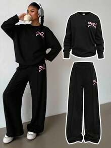 SHEIN 青少年女孩 2 件套休闲宽松针织圆领牙签褶图案套头衫和短裤套装，适合日常穿着、户外、春季野餐、返校和各种场合 - 黑色 - 查看 1