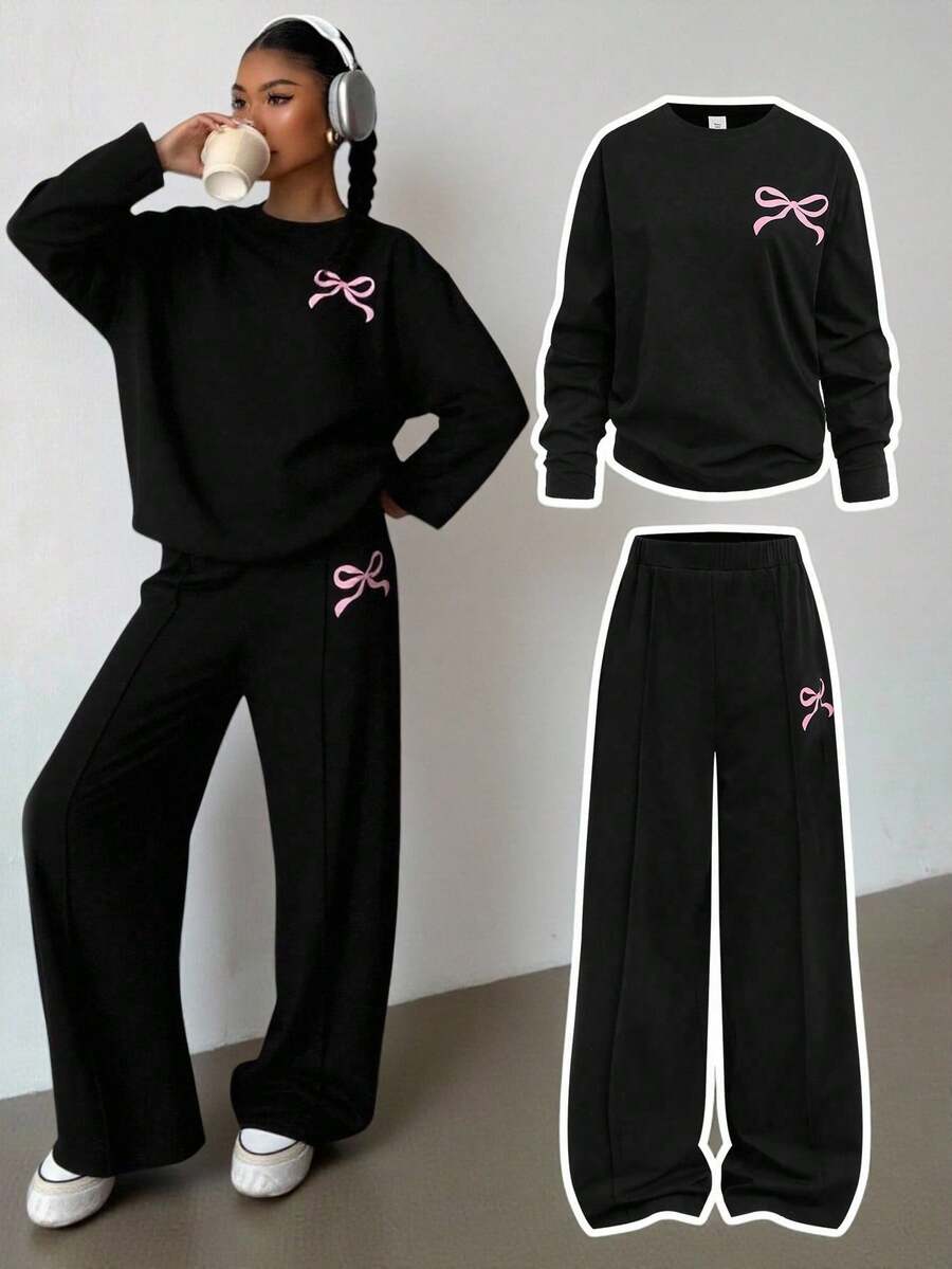 SHEIN 青少年女孩 2 件套休闲宽松针织圆领牙签褶图案套头衫和短裤套装，适合日常穿着、户外、春季野餐、返校和各种场合 - 黑色 - 查看 1