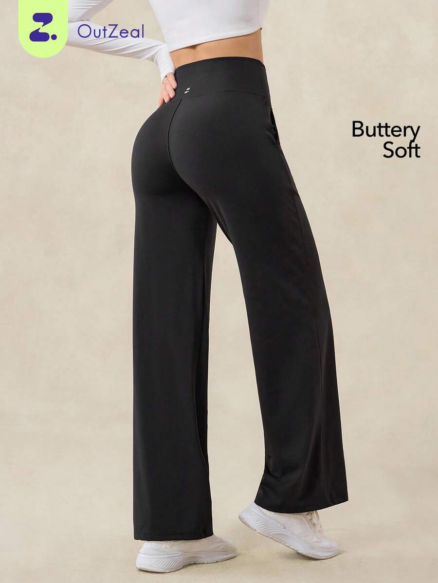 OutZeal Women Sports Pants Daily Casual Lounge Buttery Soft Knitted Sweat Wicking High Waist Straight Legs With Pockets - Black - View 1