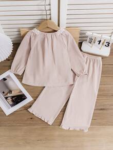 SHEIN Mädchen Pyjamas - 2 Stücke Pyjama-Set mit rosa Spitzenbesatz, Langarm-Rundhals-Oberteil mit elastischem Bund, lange Hose mit Rüschenabschluss und Schleifendetail, Schlafanzug für Kleinkinder und Kleine Mädchen, ganzjährig, Urlaub 2026, niedlich, Prinzessin, Vintage, Alltagskleidung, Geschenk - Altrosa - Übersicht 10
