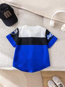 Young Boys' Casual Sports Street Letter Contrast Stripe English Print Open Front Short Sleeve Shirt, Suitable For Commuting, School, Daily Casual, Vacation, Sports, Festivals And Gatherings, Spring/Summer/Autumn/Winter - Blue - View 4