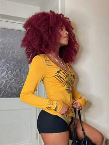 StreetHx 女士Y2K街头服饰，哥特风图案T恤，修身长袖T恤，秋冬款 - 黃色 - 查看 4