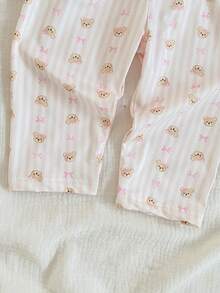 2-częściowy zestaw ubrań domowych dla dziewczynek z uroczym kreskówkowym misiem i kokardką w paski, swobodnym kołnierzykiem, kardiganem z długim rękawem i spodniami - Różowy - Zobacz 4