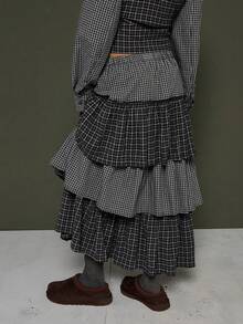 COUREZ Falda midi con volantes y capas a cuadros / Ropa de otoño e invierno Y2K para mujeres, falda negra para mujeres para salir, atuendos de fiesta, Año Nuevo - Gris - Ver 3