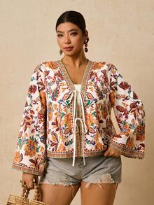 Travachic Áo sơ mi tay loe in hoa thời trang cỡ lớn cho nữ - Nhiều màu - Xem 6