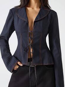 LYSMO 2026 New Arrive Minimalism Spring/Summer Women's Striped Lapel Long Sleeve Front Tie Fashionable Blazer - Black - View 6
