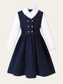 SHEIN Sparklyn 1pc Girls' Fashionable Long Sleeve Dress, Soft & Comfortable Fabric, White Shirt With Navy Blue Dress, Gentle And Stylish Design, Suitable For Spring/Autumn, Suitable For Outings, Photos, School, And Various Occasions, Must-Have Popular Girls' Dress - Black - View 3
