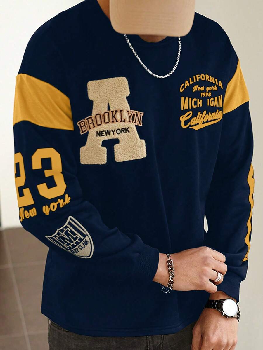 Manfinity Campus Court 男士休闲字母植绒圆领撞色长袖T恤，秋季男士图案卫衣，男士运动卫衣，男士休闲圆领卫衣，适合日常休闲、周末旅行、户外活动、探险旅行、轻松的工作环境或半正式场合，也是送给男友/丈夫、周年纪念日的理想礼物。 - 藏蓝色 - 查看 1