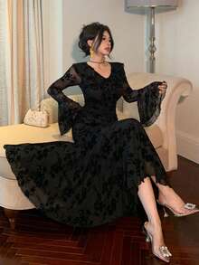DAZY Elegant Black Frill Trim Waist Midi Dress, Suitable For New Year, Christmas, Wedding, Party, Formal Occasions, Spring/Autumn/Winter - Black - View 6