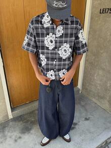 SWAVVY 男士格子领单排扣印花休闲通勤短袖衬衫 男士衬衫 街头风男士印花纽扣衬衫 街头风纽扣衬衫 男士夏威夷风纽扣衬衫 男士夏季纽扣衬衫 - 灰色 - 查看 6