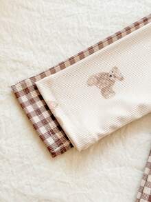 Vintaside Kids 2pcs Newborn Casual Cute Bear & Plaid Print Long Sleeve Romper, Suitable For Spring, Summer, Autumn, Winter, Home, Outdoor, Daily Wear