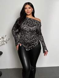 Firerie Plus Size Leopard Print Ruffle Trim Asymmetric Neck Long Sleeve T-Shirts Leopard Print Plus Size Tops Plus Size