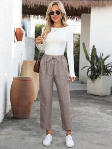 EMERY ROSE 女士休闲弹力腰直筒裤，春夏款 - 摩卡棕 - 查看 9