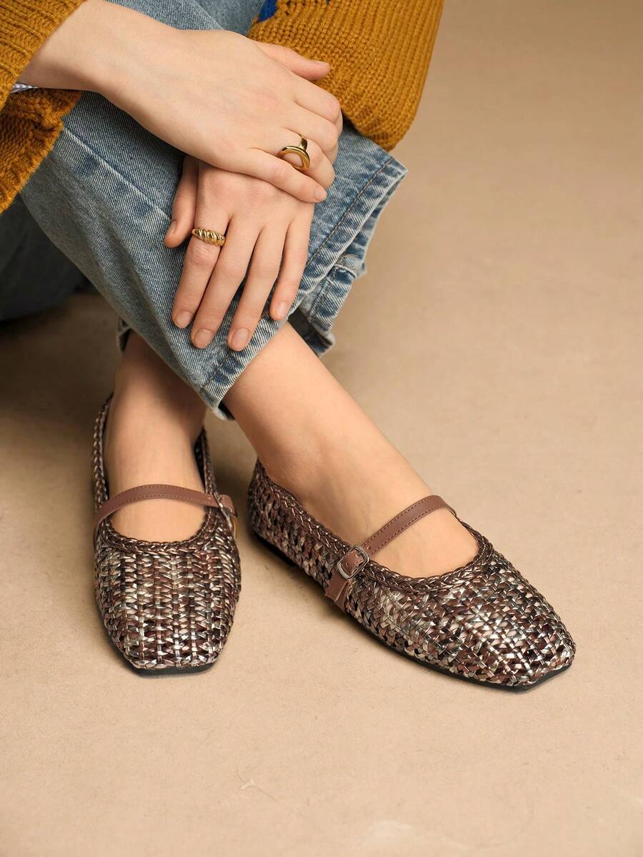 Rosivie Women's Square Toe Metal Buckle Flat Shoes Valentine's Day - Bronze - View 1
