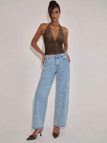 SHEIN BAE Áo nữ màu trơn bóng, cổ yếm, xếp ly, gợi cảm, thời trang, thích hợp mặc đi dự tiệc, lấp lánh, kim tuyến hoặc vàng kim, dành cho nữ, phù hợp cho ngày Valentine, Tết Dương lịch, đi club. - Vàng - Xem 5