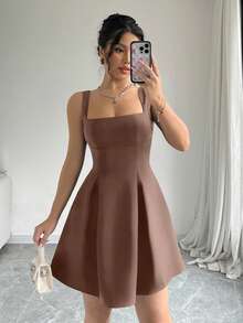 Elenzga 女士休闲夏季度假纯色低腰收腰连衣裙迷你短款女装 - 棕色 - 查看 5