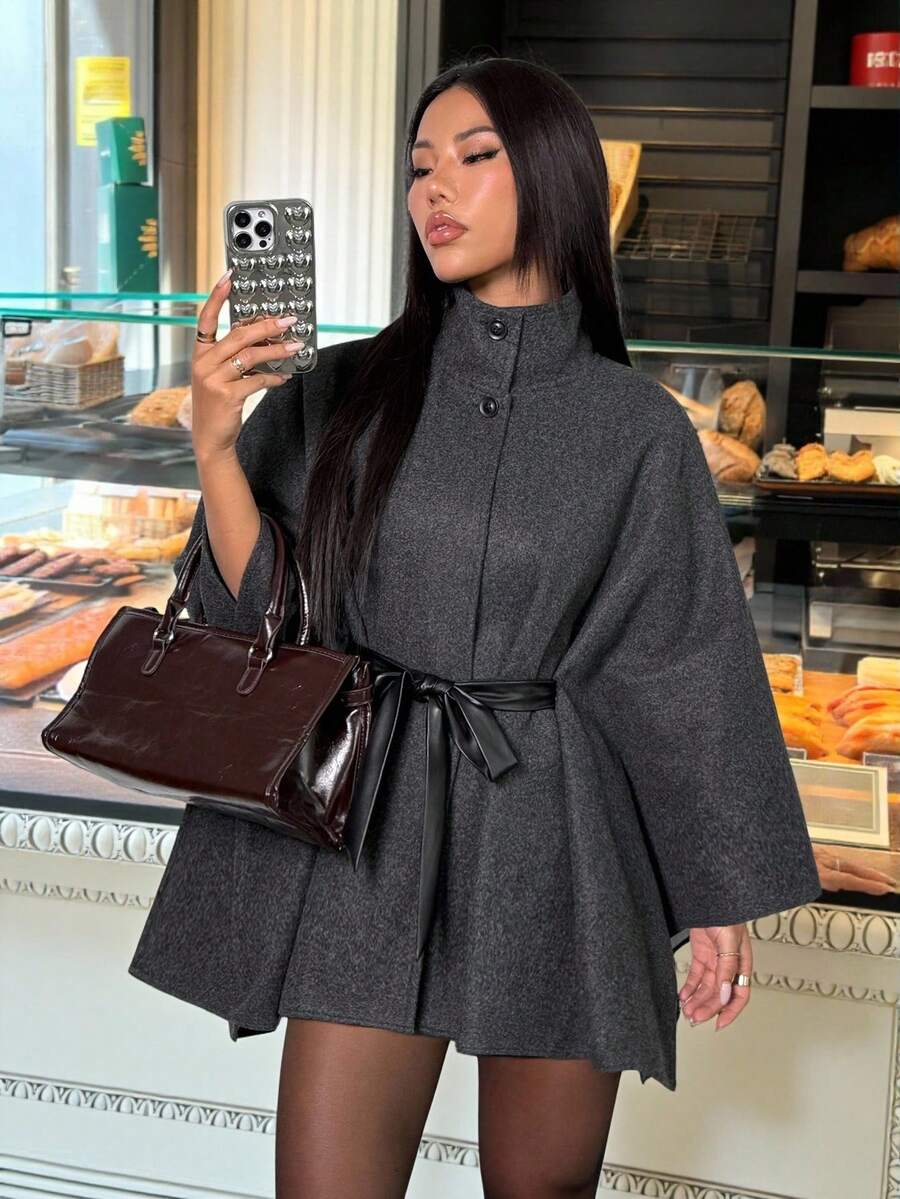 SHEIN PETITE 女士纯色腰带高领优雅大衣，秋冬款 - 灰色 - 查看 1