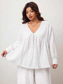 Enliva Plus Size Women Loose White Soft Touch Long Sleeve Shirt For 2026 New Year, For Apple & Rounded Body Shape - White - View 5