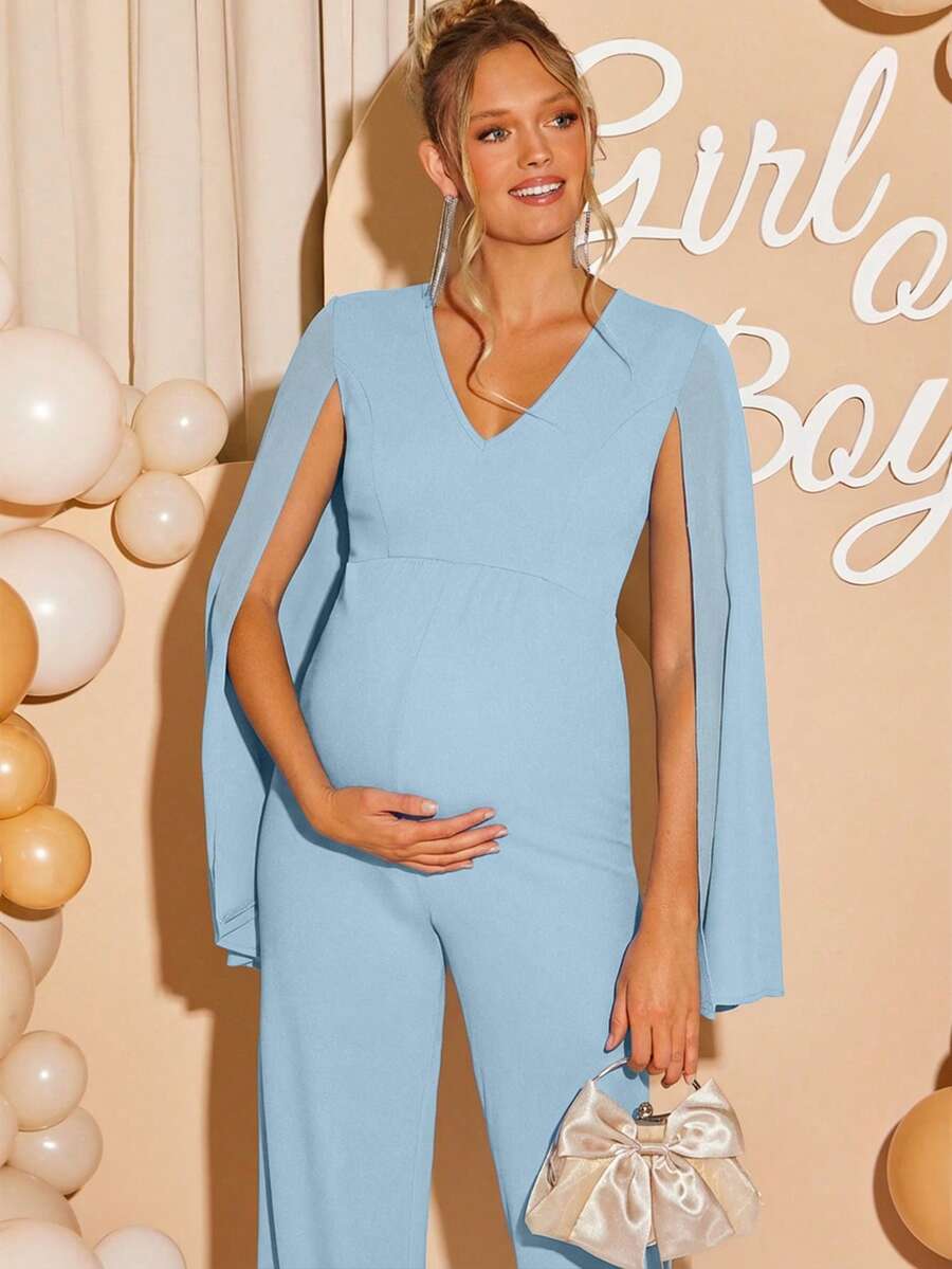 Loomaby 孕妇纯色斗篷袖V领优雅阔腿连体裤 - 藍色 - 查看 1