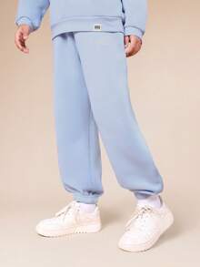 Conjunto de sudadera con capucha y pantalones de chándal SUMWON Boys Signature Slogan sin cordón, con bolsillo central, cintura elástica, para uso casual y diario, ideal para vacaciones - Azul - Ver 4
