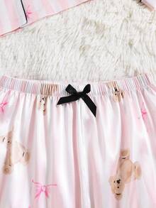 Girls Cute Pink Striped Bear & Bow Print Soft Flannel Long Sleeve Cardigan And Pants 2 Pieces Pajama Set - Multicolor - View 8