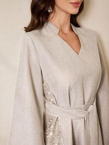 Al Najma Women's Floral Embroidery V-Neck Long Sleeve Elegant Arabic Dress - Brown - View 4