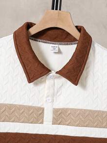 2pcs/Set Teenage Boys Casual Contrast Color Patchwork Textured Fabric Polo Shirt & Brown Shorts Set, Suitable For Daily Commute & Leisure Wear
