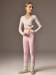 SHEIN Bộ đồ tập múa ba lê màu hồng cho bé gái tuổi teen, áo khoác lưới dài tay + áo ngực thể thao + quần legging 3 món, trang phục múa ba lê co giãn cao - Hồng - Xem 7