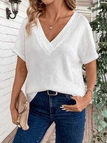 Selamara New Plus Size Women Fashion V-Neck Loose Short Sleeve T-Shirt - White - View 6