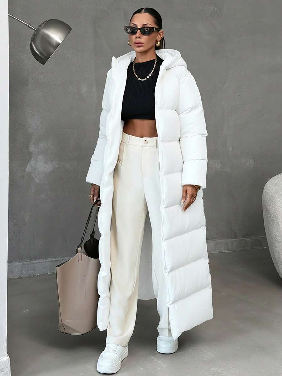 EURMUSE Abrigo con capucha acolchado para mujer, extra largo y muy cálido en invierno - Blanco - Ver 1