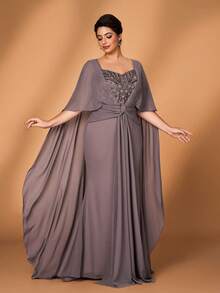 Serin 大码优雅奢华浅咖啡色心形领亮片拼接雪纺披肩式不规则下摆修身鱼尾裙，适合晚宴、单身派对、约会、舞会、度假、婚礼、正式场合。 - 咖啡棕 - 查看 7