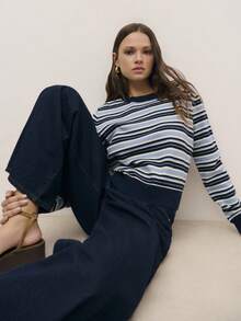 Nöista Striped Knit Long-Sleeve Top With Crew Neck And Ribbed Trims. Soft And Lightweight, Perfect For Smart-Casual Outfits, Weekend Wear And Cozy Spring Looks. - Navy Blue - View 1