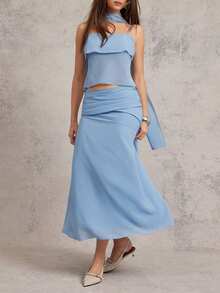L'Amorae Chiffon Midi Skirt With Side Button Up Detail Spring Summer Vacation Birthday - Baby Blue - View 3