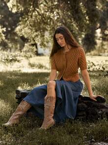 WESTFADE 褶裥腰部、纽扣前襟、飘逸的浅蓝色中长裙 - 深色水洗藍 - 查看 3