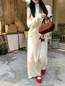 DAZY 女式韩版常规领休闲长袖毛衣和裙子两件套秋冬 - 米色 - 查看 11