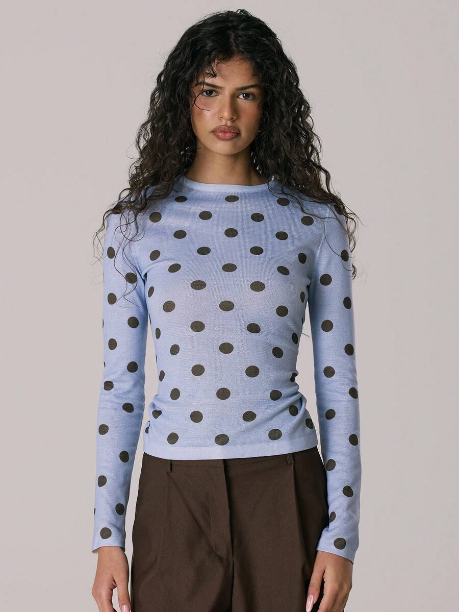 MUSERA 波点薄纱长袖修身上衣，休闲可爱，适合秋冬季舒适居家穿着，Coco Cloud Spring 风格 - 彩色 - 查看 1