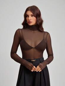 SHEIN Tall 斯德哥尔摩风格，2025女士夏季新款系列，高领毛领上衣，适合春夏穿着，新年女士上衣，网纱长袖透视上衣 - 棕色 - 查看 4