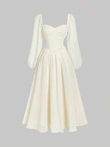 SHEIN MOD Váy dài tay đèn lồng voan màu mơ thanh lịch - Màu be - Xem 2