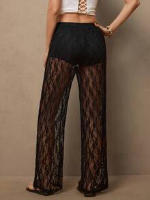 Freevana 女士弹力腰带花卉蕾丝直筒宽松时尚裤