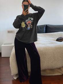 DAZY 抽象印花上衣和天鹅绒宽松裤女士睡衣套装 - 深灰色 - 查看 6