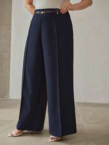 MOTF PREMIUM PLUS SIZE METAL BUCKLE FAUX LEATHER STRAP DECOR WIDE LEG PANTS - Navy Blue - View 5