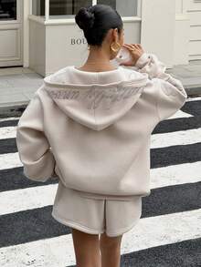 Muchica 2pcs This Two-Piece Women's Winter Hooded Zip-Up Sweatshirt And Pants Set Features Embroidered Lettering. The Casual Sweatshirt And Long-Sleeved Top Are Suitable For Graduation Ceremonies, Back-To-School Season, Graduation Ceremony, Female Teacher Attire, Fall/Winter Back-To-School Season, And Christmas. - Apricot - View 2