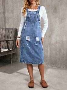 EMERY ROSE 休闲日常百搭口袋纽扣女式牛仔连衣裙 - 藍色 - 查看 4