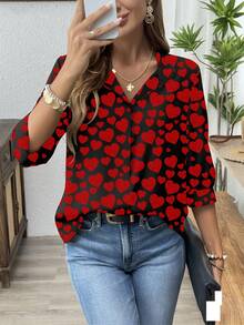 EMERY ROSE 1pc Women Plus Size Black And Red Heart Print V-Neck Long Sleeve Casual T-Shirt,Cute Autumn Blouses,New Year Party Valentine's Day Queen Of Hearts - Multicolor - View 6