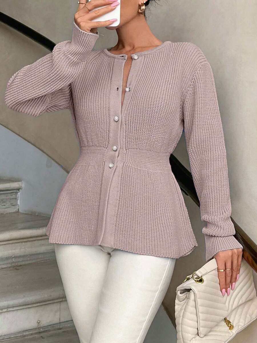 Knitwear Peplum Hem Cardigan With Fancy Buttons - Dusty Pink - View 1